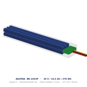 AKUPAK BR-10S3P layout H' — články naležato, 2 vrstvy, 373×61×41 mm