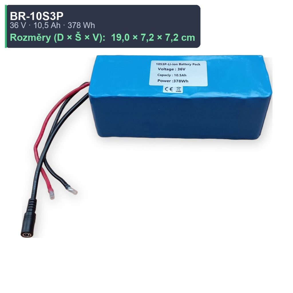 BR-10S3P Li-ion bateriový pack 36V 10,5 Ah 378 Wh — rozměry 19,0 × 7,2 × 7,2 cm, AKUPAK
