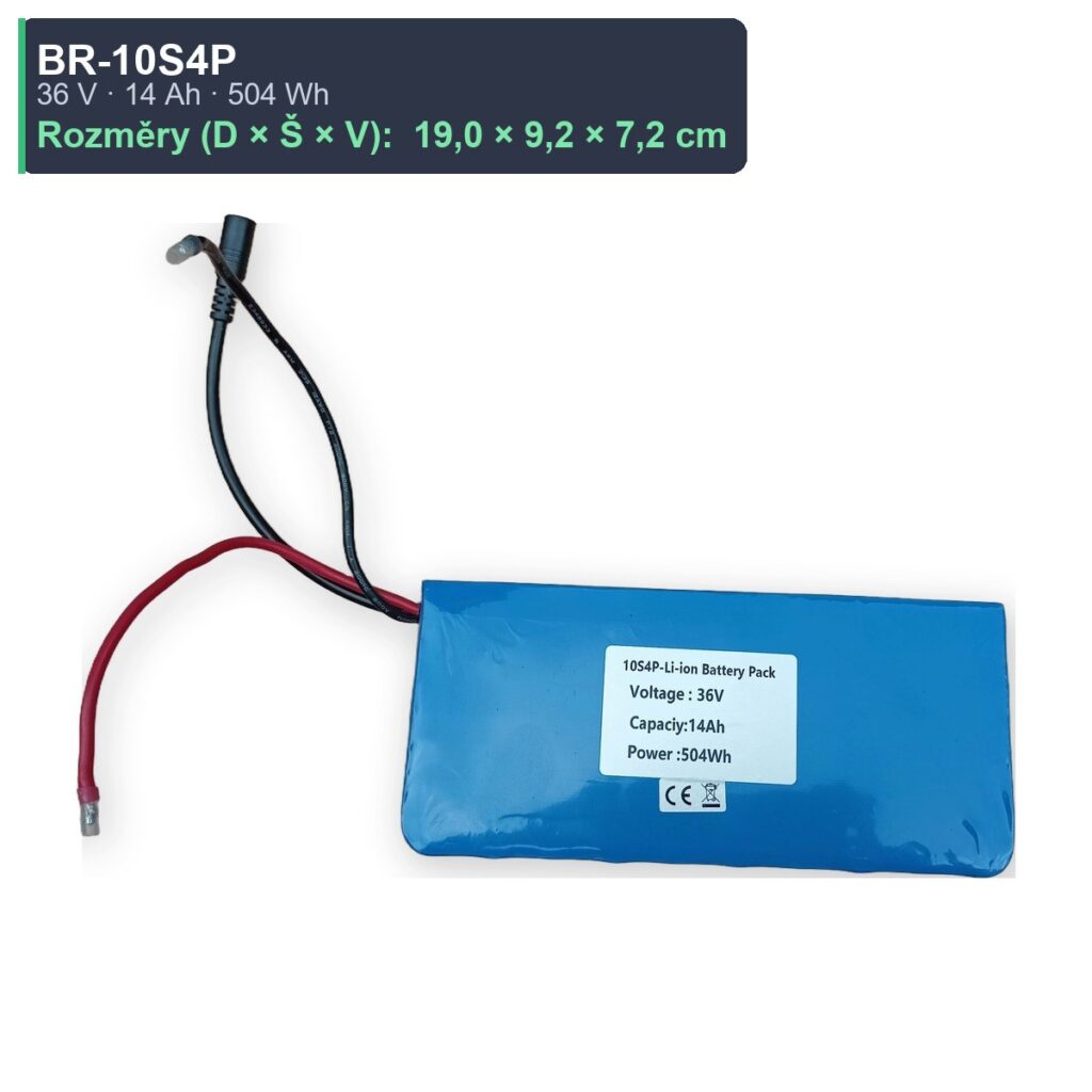 BR-10S4P Li-ion bateriový pack 36V 14 Ah 504 Wh — rozměry 19,0 × 9,2 × 7,2 cm, AKUPAK