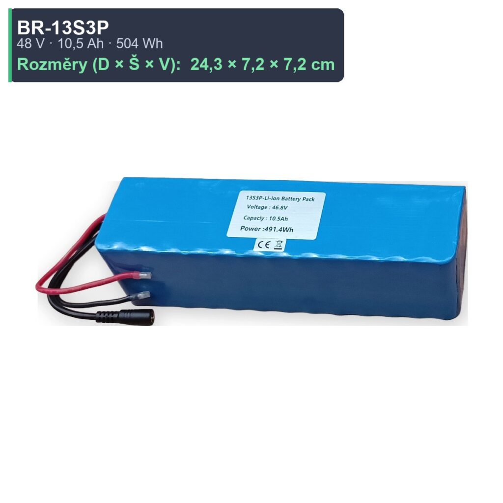 BR-13S3P Li-ion bateriový pack 48V 10,5 Ah 504 Wh — rozměry 24,3 × 7,2 × 7,2 cm, AKUPAK