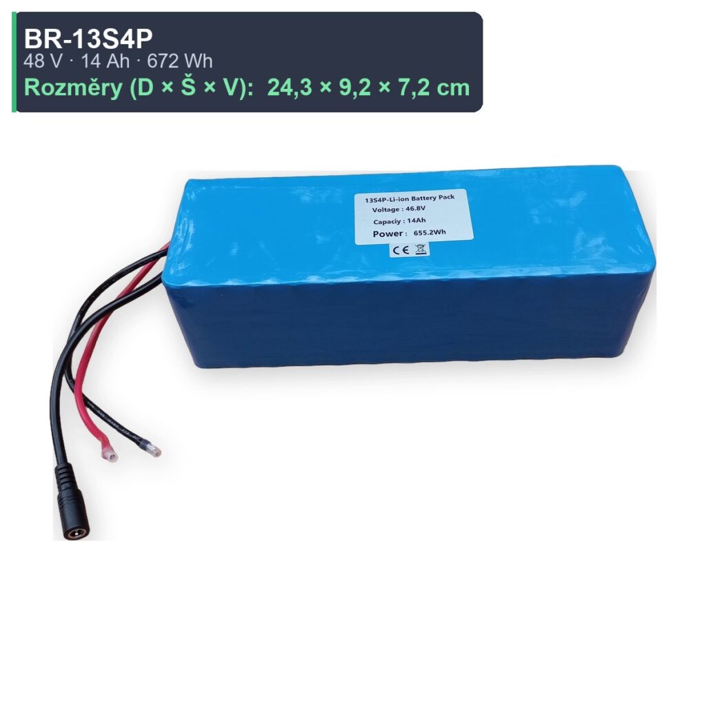 BR-13S4P Li-ion bateriový pack 48V 14 Ah 672 Wh — rozměry 24,3 × 9,2 × 7,2 cm, AKUPAK