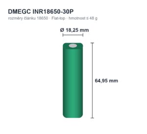 Rozměry DMEGC INR18650-30P: Ø 18,25 × 64,95 mm, hmotnost ≤ 48 g