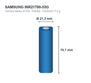 Rozměrový nákres článku Samsung INR21700-53G: průměr 21,3 mm, výška 70,7 mm