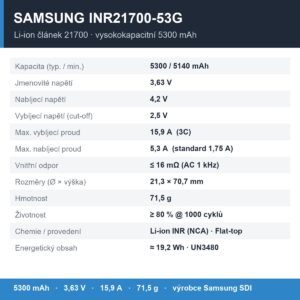 Tabulka technických parametrů článku Samsung INR21700-53G