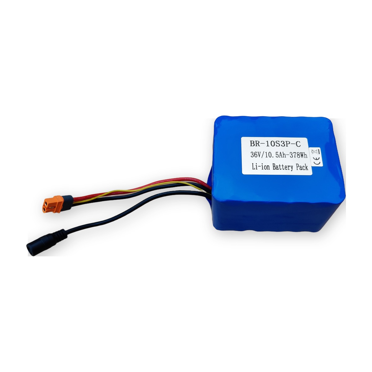 BR-10S3P-C Li-ion bateriový pack 36V 10,5Ah 378Wh, provedení C (Compact) — pohled se štítkem, vývody XT60I-F a DC konektor (AKUPAK, reálná fotka)