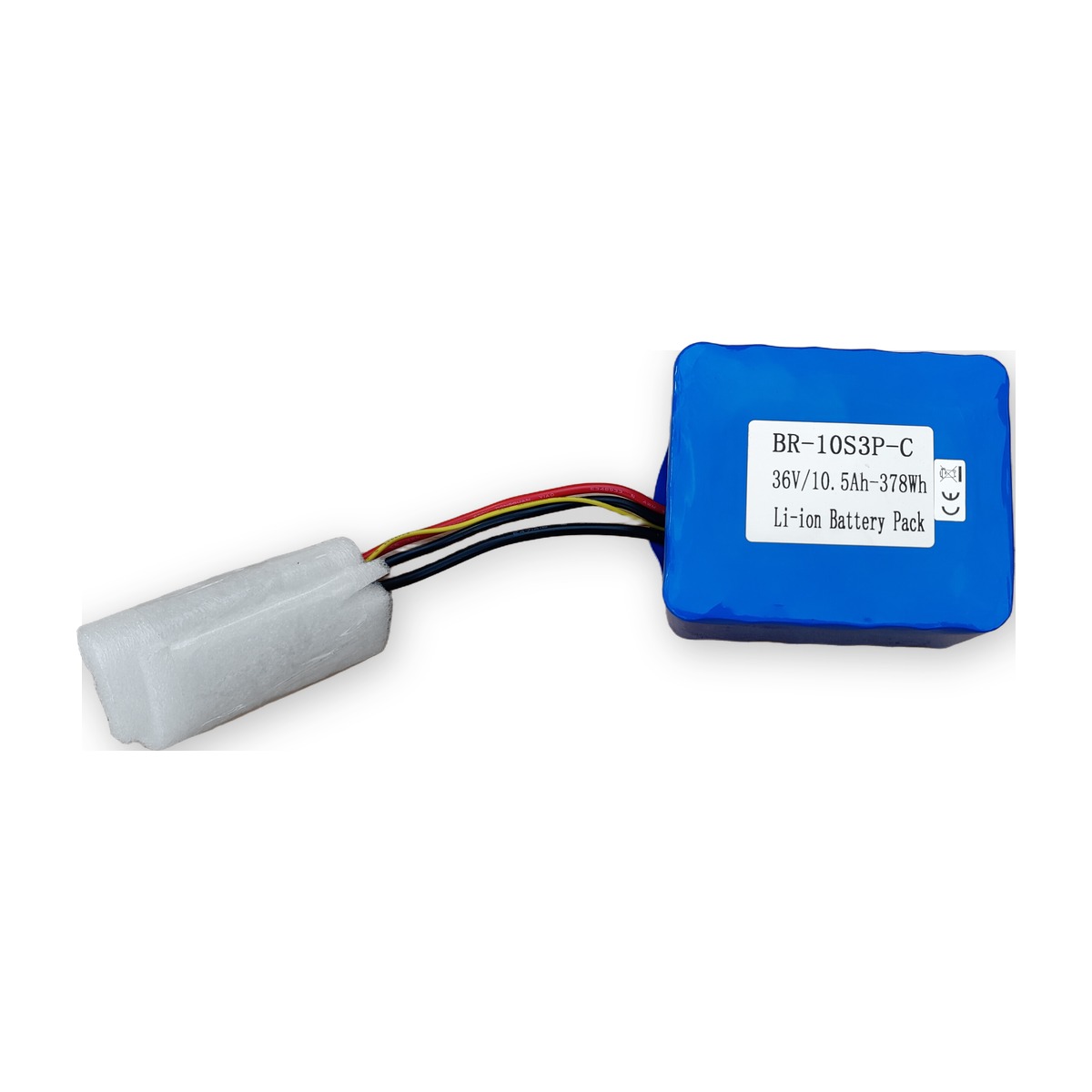 BR-10S3P-C Li-ion bateriový pack 36V 10,5Ah 378Wh, provedení C (Compact) — pohled se štítkem, konektory v ochranné pěně (AKUPAK, reálná fotka)