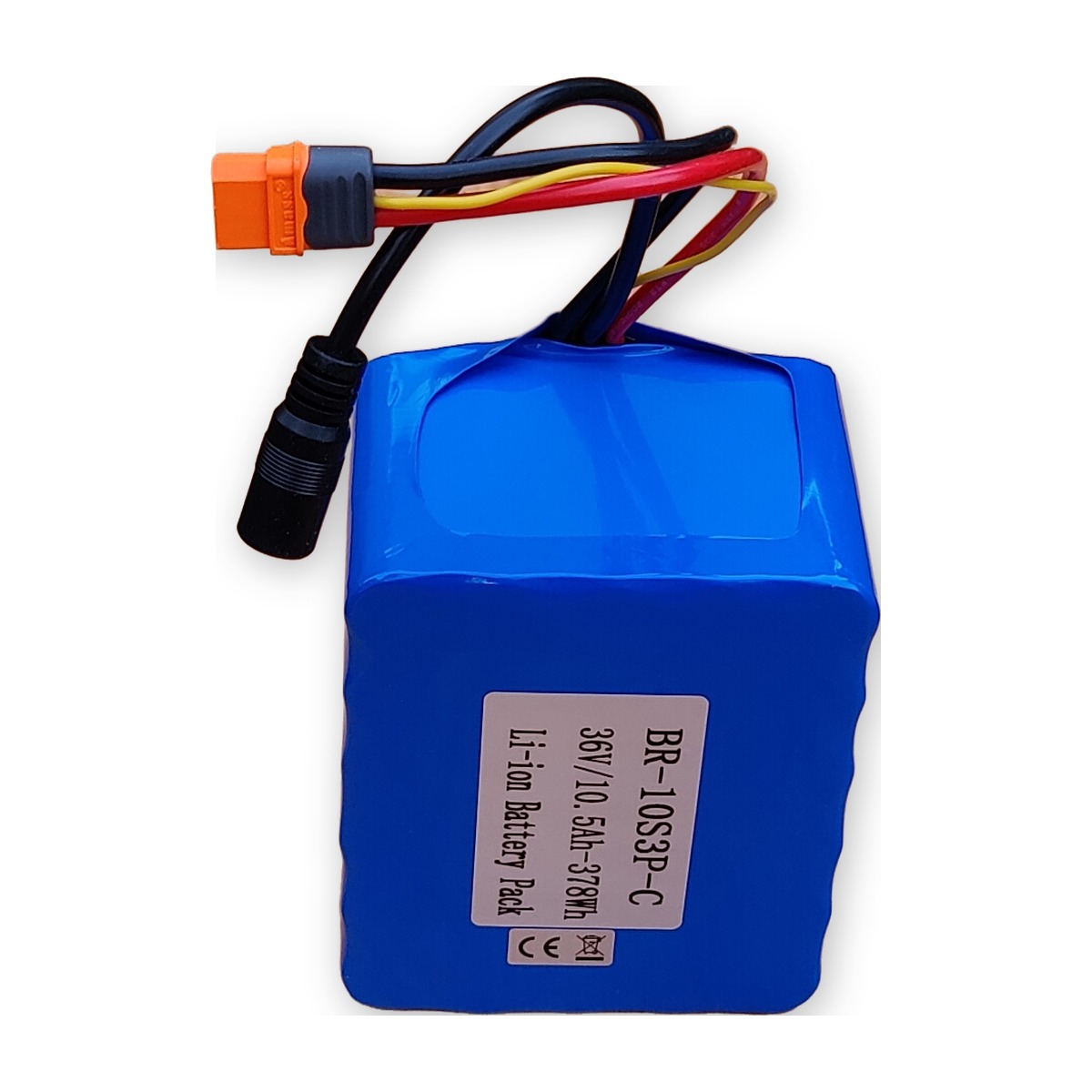 BR-10S3P-C Li-ion bateriový pack 36V 10,5Ah 378Wh, provedení C (Compact) — postavený nastojato, vývody XT60I-F a DC konektor (AKUPAK, reálná fotka)