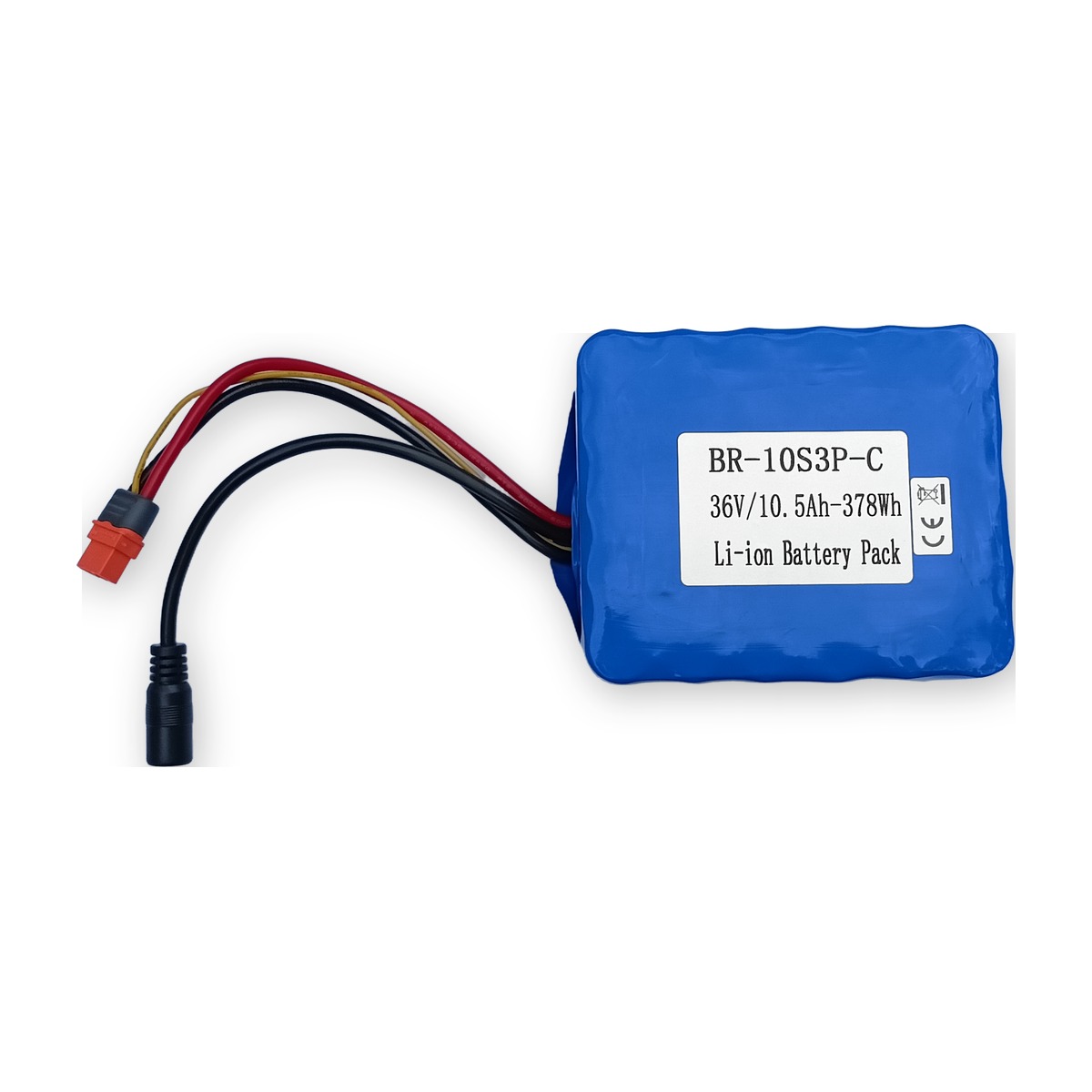 BR-10S3P-C Li-ion bateriový pack 36V 10,5Ah 378Wh, provedení C (Compact) — pohled se štítkem, vývody XT60I-F a DC konektor (AKUPAK, reálná fotka)