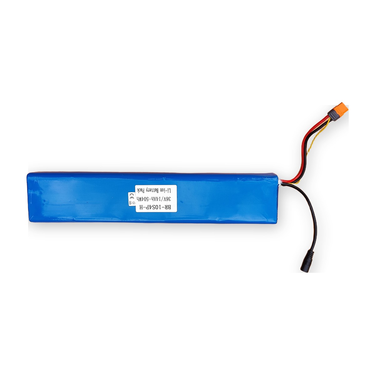 BR-10S4P-H Li-ion bateriový pack 36V 14Ah 504Wh, provedení H (Horizontal, 2 vrstvy) — pohled shora, vývody XT60I-F a DC konektor (AKUPAK, reálná fotka)