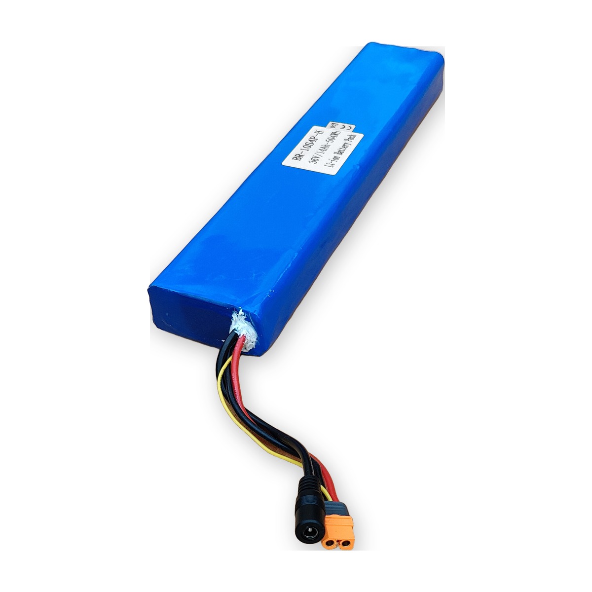 BR-10S4P-H Li-ion bateriový pack 36V 14Ah 504Wh, provedení H (Horizontal, 2 vrstvy) — pohled zešikma se štítkem a kabelovými vývody (AKUPAK, reálná fotka)
