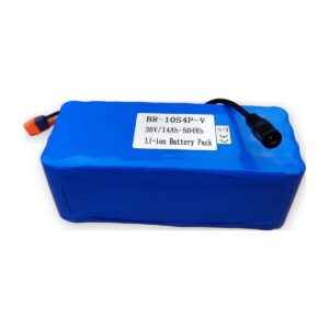 BR-10S4P-V Li-ion bateriový pack 36V 14Ah 504Wh, provedení V (Vertical) — pohled se štítkem, vývody XT60I-F a DC konektor (AKUPAK, reálná fotka)